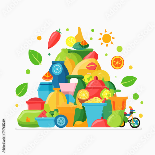 garbage pile with colorful plastic and food waste. Concept of pollution recycling