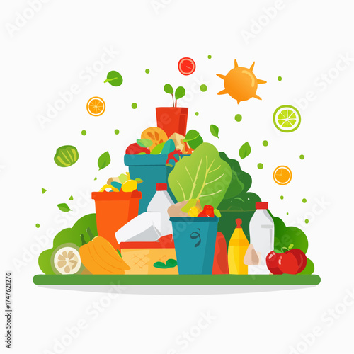 garbage pile with colorful plastic and food waste. Concept of pollution recycling