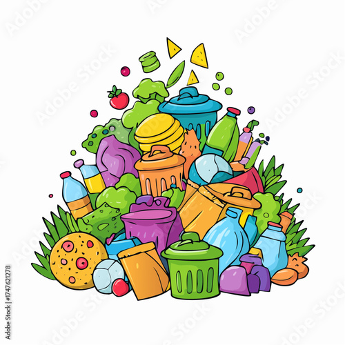 garbage pile with colorful plastic and food waste. Concept of pollution recycling