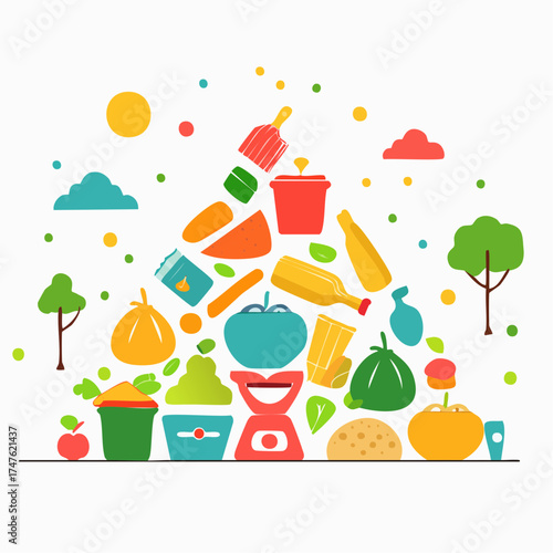 garbage pile with colorful plastic and food waste. Concept of pollution recycling