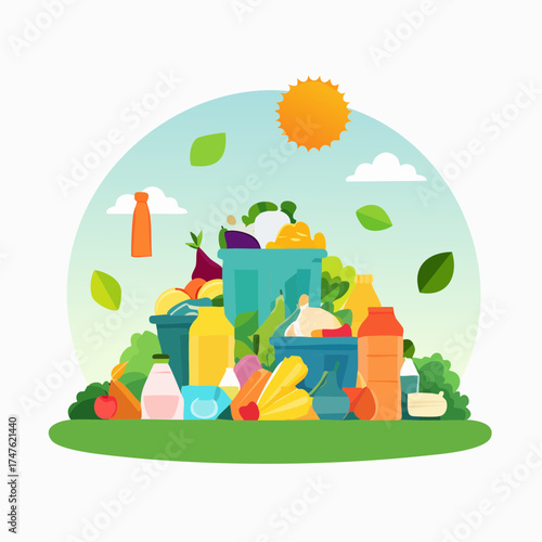 garbage pile with colorful plastic and food waste. Concept of pollution recycling
