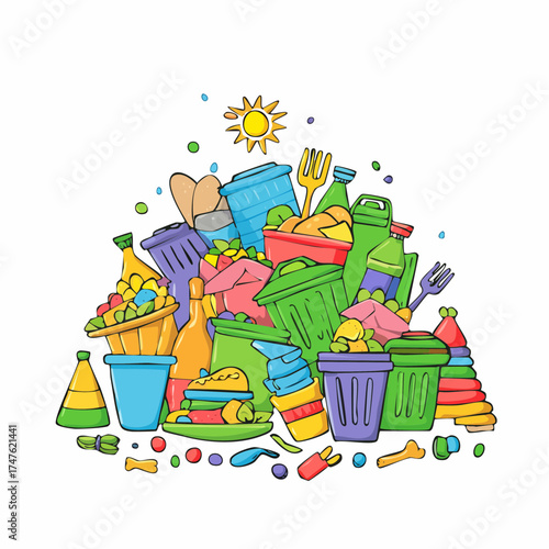 garbage pile with colorful plastic and food waste. Concept of pollution recycling