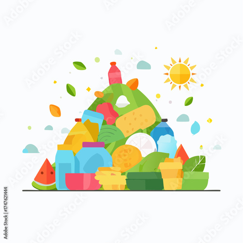 garbage pile with colorful plastic and food waste. Concept of pollution recycling