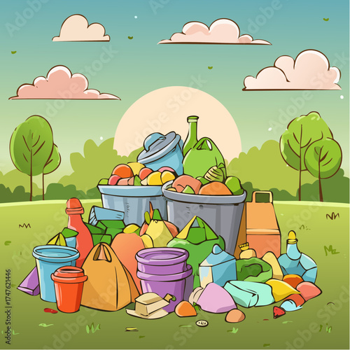 garbage pile with colorful plastic and food waste. Concept of pollution recycling