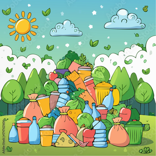 garbage pile with colorful plastic and food waste. Concept of pollution recycling