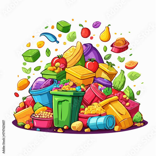 garbage pile with colorful plastic and food waste. Concept of pollution recycling