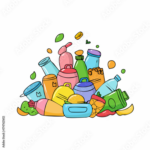 garbage pile with colorful plastic and food waste. Concept of pollution recycling