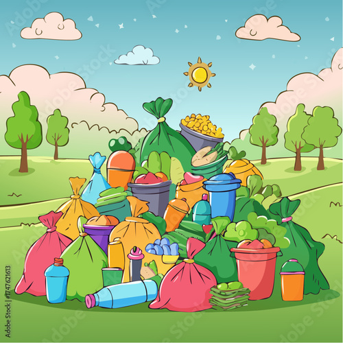 garbage pile with colorful plastic and food waste. Concept of pollution recycling