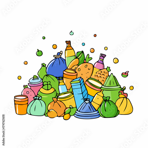 garbage pile with colorful plastic and food waste. Concept of pollution recycling