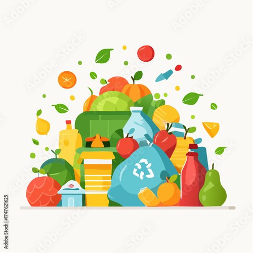 garbage pile with colorful plastic and food waste. Concept of pollution recycling