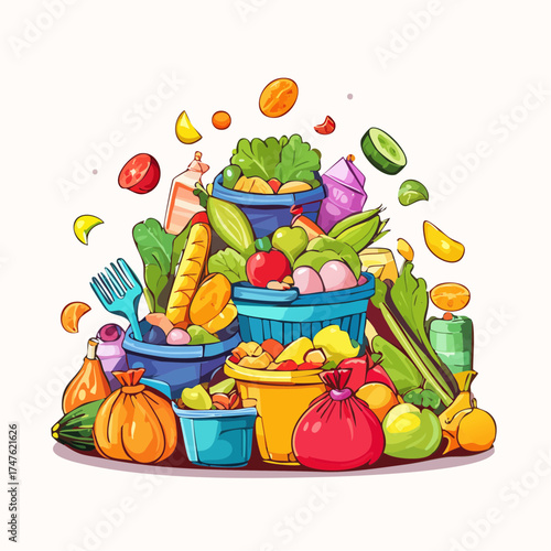 garbage pile with colorful plastic and food waste. Concept of pollution recycling