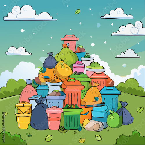 garbage pile with colorful plastic and food waste. Concept of pollution recycling