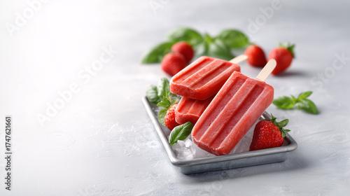 Strawberry Popsicles: A Refreshing Treat: A tempting close-up of three vibrant strawberry popsicles, a few fresh strawberries and basil leaves. It's a celebration of pure.