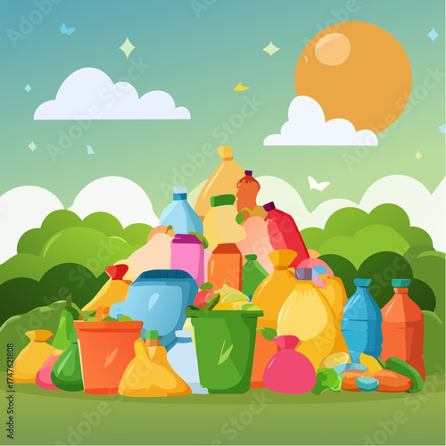 garbage pile with colorful plastic and food waste. Concept of pollution recycling
