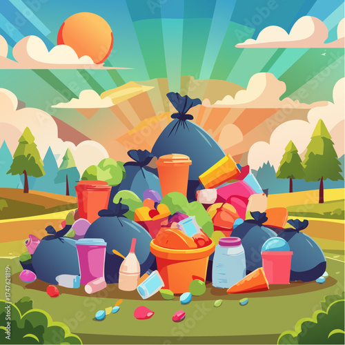 garbage pile with colorful plastic and food waste. Concept of pollution recycling