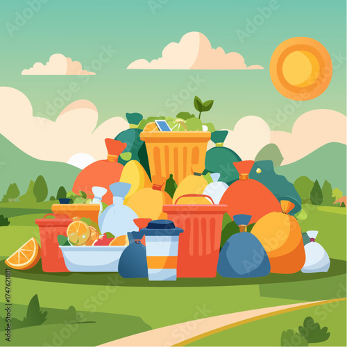 garbage pile with colorful plastic and food waste. Concept of pollution recycling