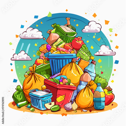 garbage pile with colorful plastic and food waste. Concept of pollution recycling