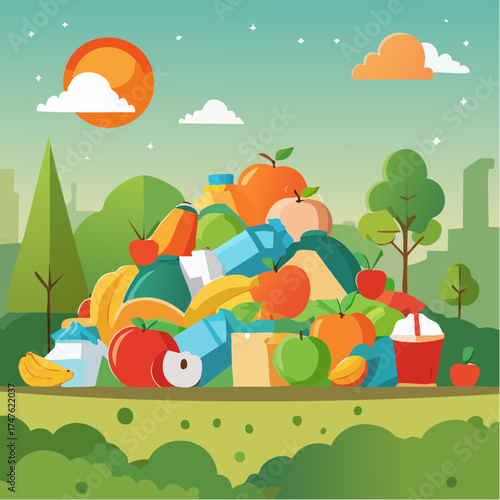 garbage pile with colorful plastic and food waste. Concept of pollution recycling