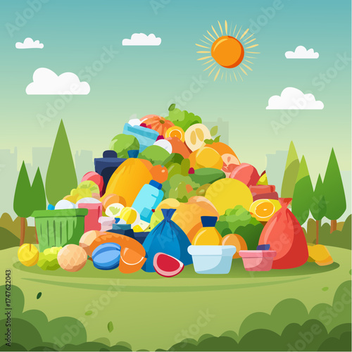 garbage pile with colorful plastic and food waste. Concept of pollution recycling