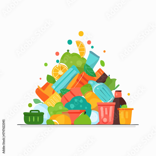 garbage pile with colorful plastic and food waste. Concept of pollution recycling