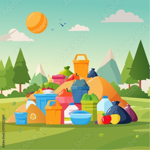 garbage pile with colorful plastic and food waste. Concept of pollution recycling