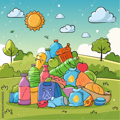 garbage pile with colorful plastic and food waste. Concept of pollution recycling