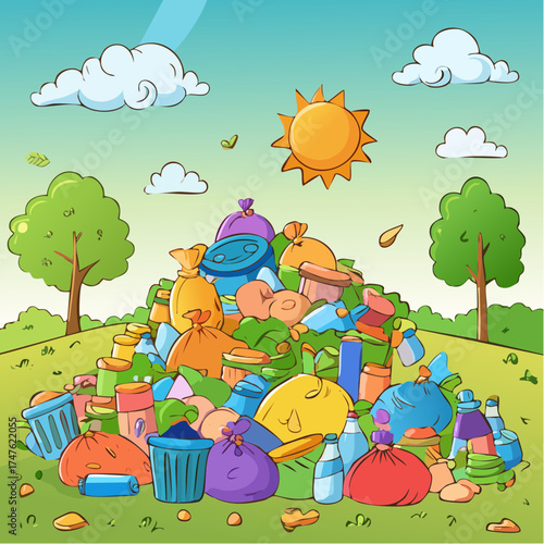 garbage pile with colorful plastic and food waste. Concept of pollution recycling