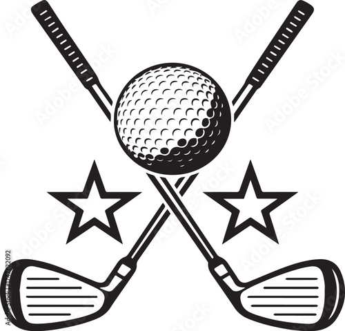 Black and white graphic of crossed golf clubs a golf ball and two stars sport equipment