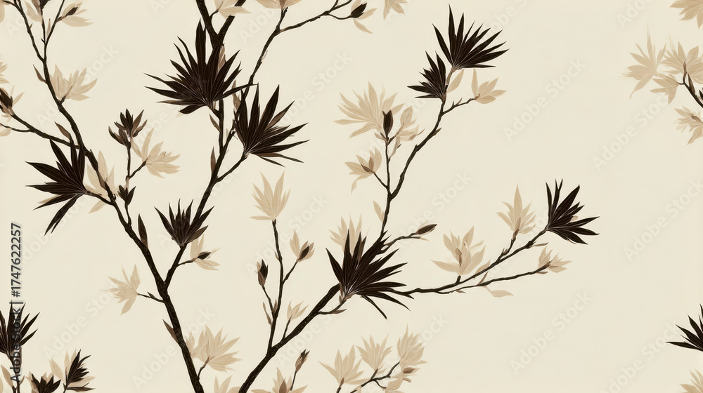 Obraz premium Seamless pattern of Yucca filamentosa threadleaf yucca branches in soft sepia silhouettes on cream background