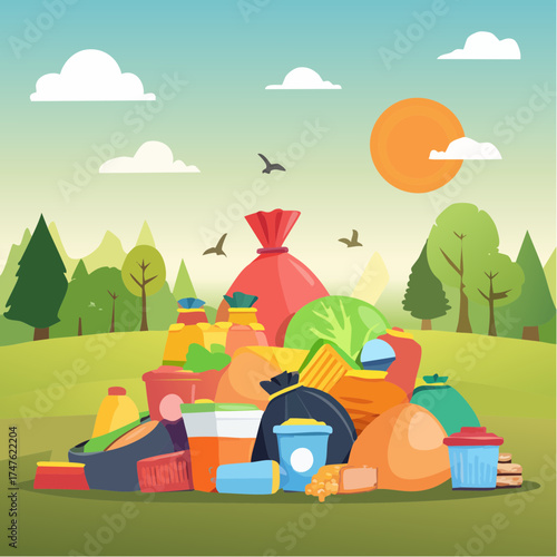 garbage pile with colorful plastic and food waste. Concept of pollution recycling