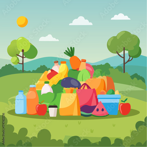 garbage pile with colorful plastic and food waste. Concept of pollution recycling