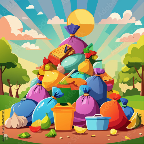 garbage pile with colorful plastic and food waste. Concept of pollution recycling