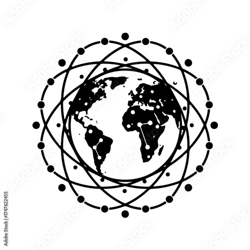  illustration featuring a world globe enveloped by intricate connecting lines and small data points. This graphic clearly visualizes concepts of global connectivity, international communication