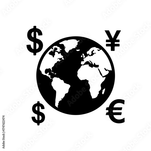 sleek black and white icons of major world currencies the Dollar ($), Euro (€), and Yen/Yuan (¥) in an orbital path around a detailed world map or globe. professional graphic symbolizes global economy