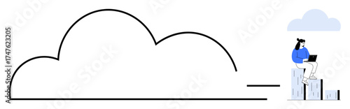 Woman with laptop sitting on data bars connected to cloud icon, emphasizing connectivity, teamwork, technology, growth, innovation, remote access, and modern workflow. Clean simple flat metaphor
