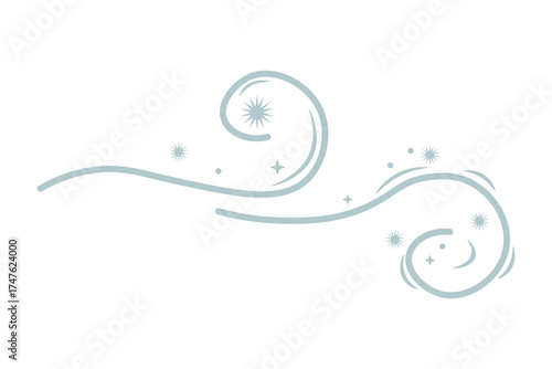 Vector image of  gust of wind with snow, strong wind, weather phenomenon. Snowflakes. Merry Christmas, New Year, winter magic. Flat design. Gray color.