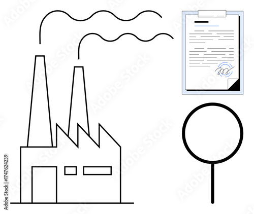 Factory with smoke stacks, signed document, magnifying glass emphasizing inspection. Ideal for compliance, legal, sustainability, manufacturing, environmental quality control auditing. Simple flat