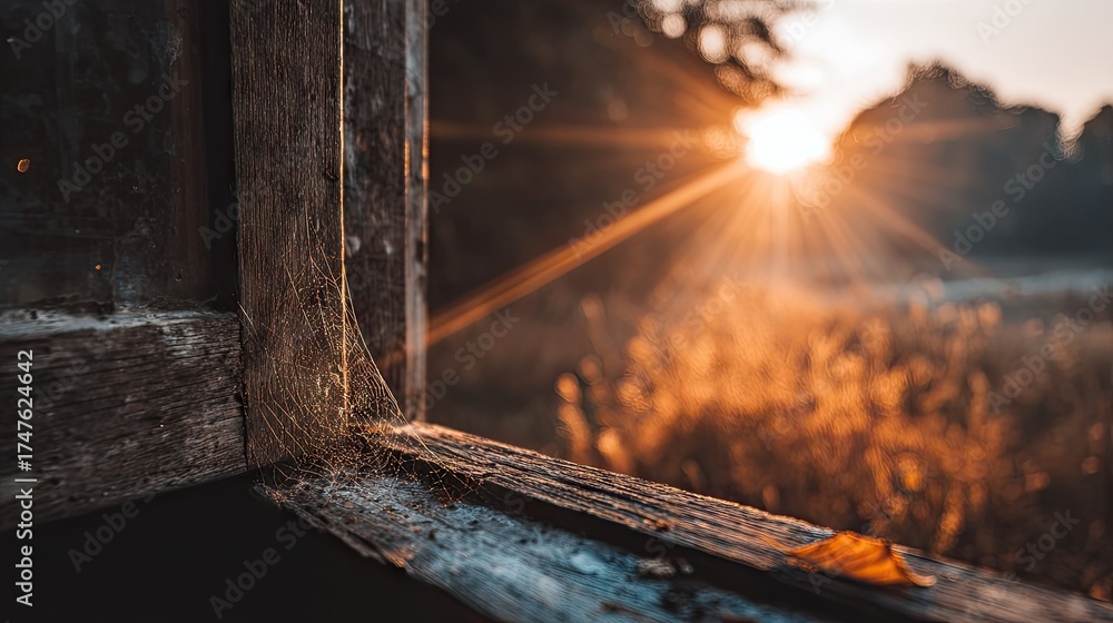 Obraz premium Sunlight streams through an aged wooden window frame, spiderweb glistening.