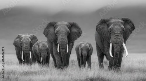 Family of African elephants walking across the grassland in black and white with a blurred background wildlife conservation and animal photography scene