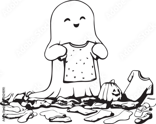 Funny cartoon ghost sorting clothes with Halloween decor and cheerful expression for festive, spooky, and humorous designs
