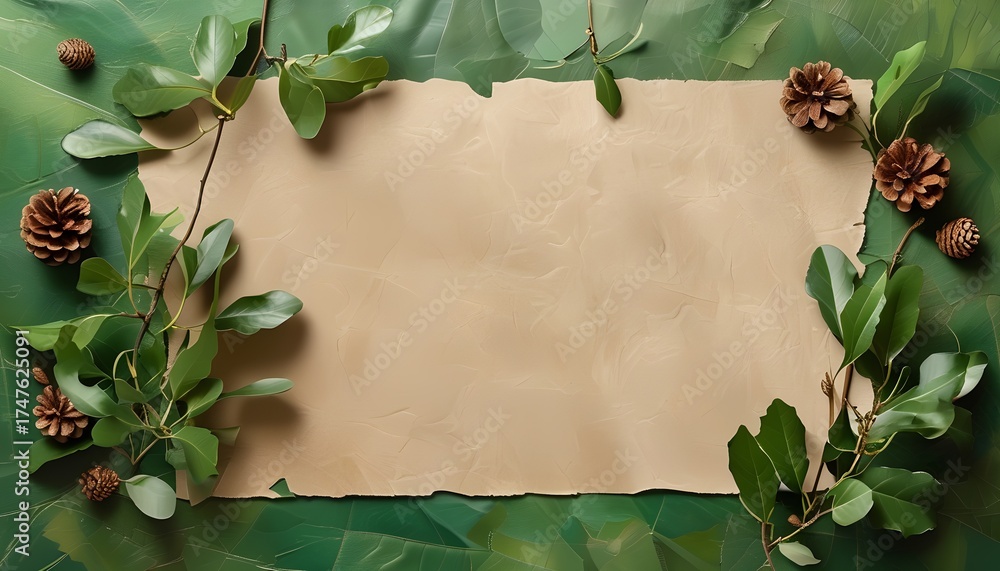Fototapeta premium Nature-inspired craft event home workspace creative project green environment overhead view eco-friendly concept