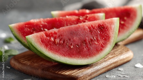 Juicy Fresh Watermelon Slices on Wooden Cutting Board with Green Rind and Bright Red Flesh in Close-Up for Healthy Food and Summer Fruit Concept