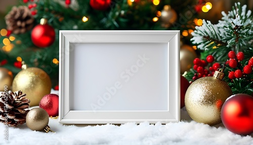 Festive holiday scene with blank frame christmas tree photo context cozy atmosphere close-up view seasonal decoration