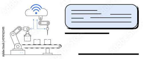 Robotic arm moving items on conveyor belt, connected to cloud via IoT. Ideal for automation, IoT, manufacturing, technology, logistics, innovation industry. A simple flat metaphor