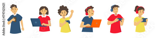 Set of flat style gamers and young people playing video games, using laptops and smartphones, streaming and chatting online. Modern colorful illustration of digital lifestyle and technology users.