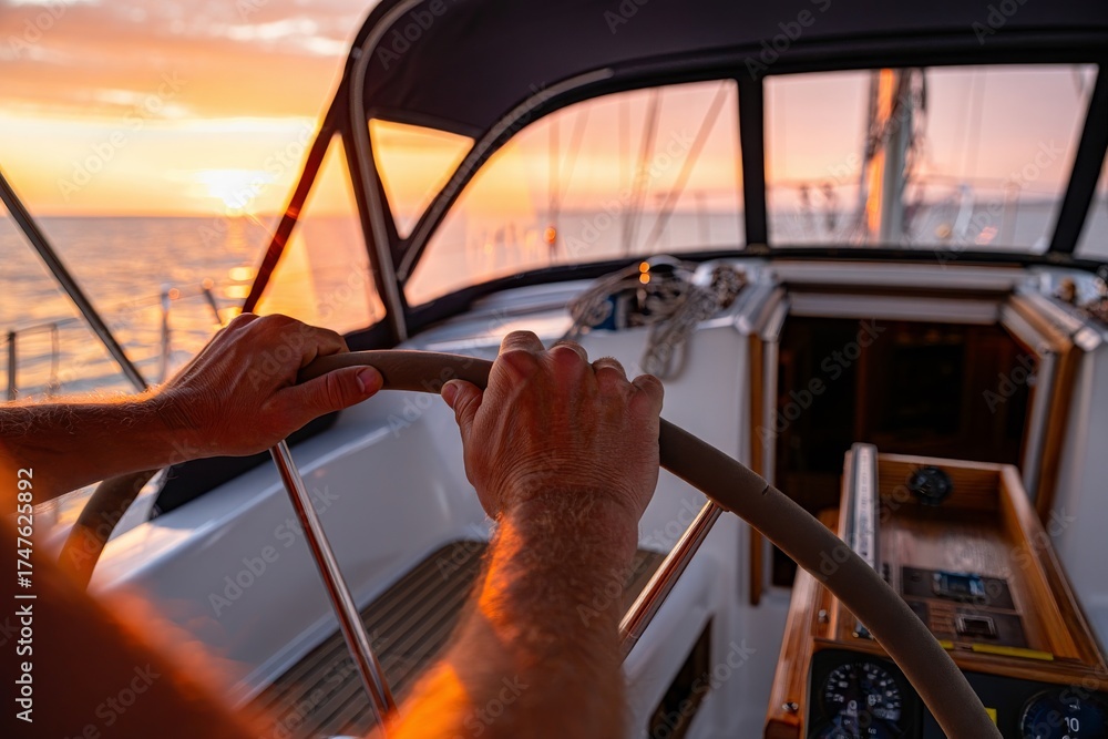 Naklejka premium Close-up of a captain's hands on the helm, steering a sailboat into the golden sunset over the open sea. 