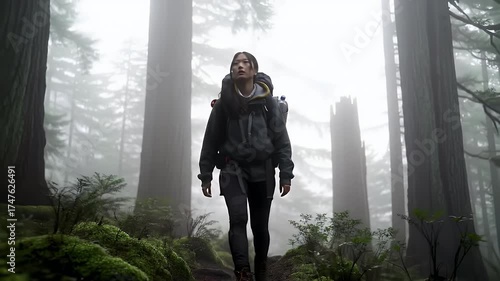 Person walking alone in foggy forest landscape