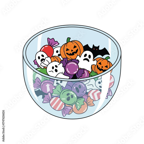 Halloween Candy Bowl Illustration ghost pumpkin bat sweets treat trick or treat holiday cartoon vector spooky festive party celebration