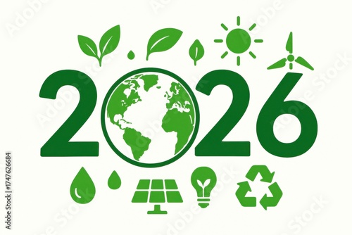 Green Earth and Sustainable Future Concept for Year 2026 with Nature and Renewable Energy Elements