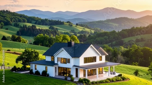 Wallpaper Mural A white house sits on a green hillside, surrounded by rolling hills and mountains Torontodigital.ca